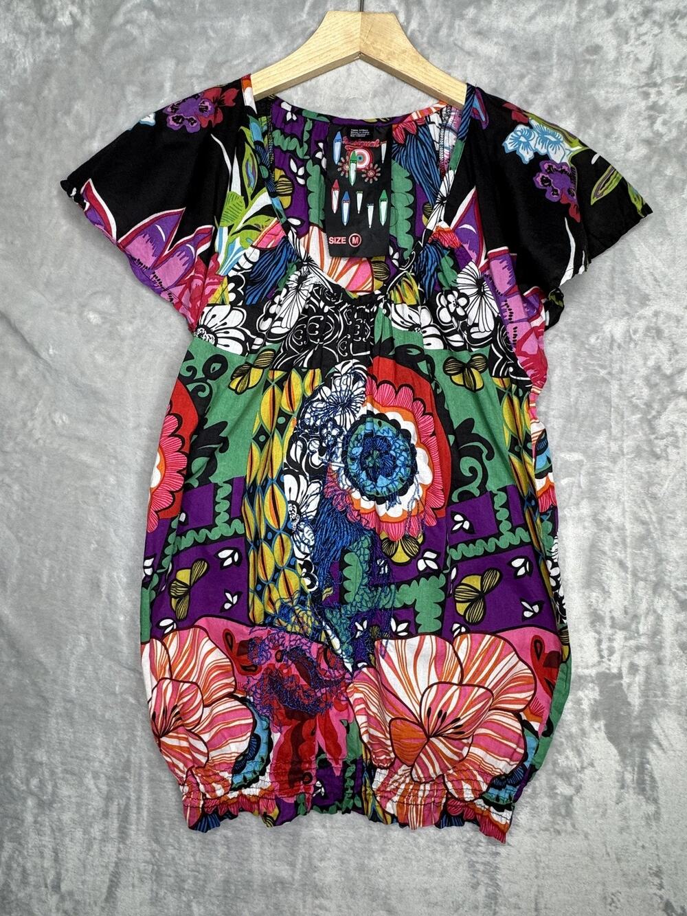 Desigual Top Womens Medium Multicolor Floral Embroidered Dolman Tunic Boho